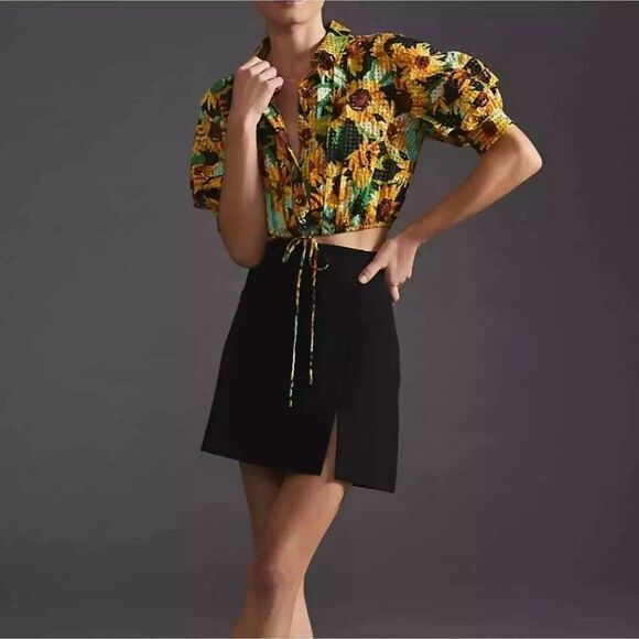 Maeve Sunflower Print Crop Top Shirt Womens L Button Front Cinch Hem Boho Breezy - Picture 1 of 12